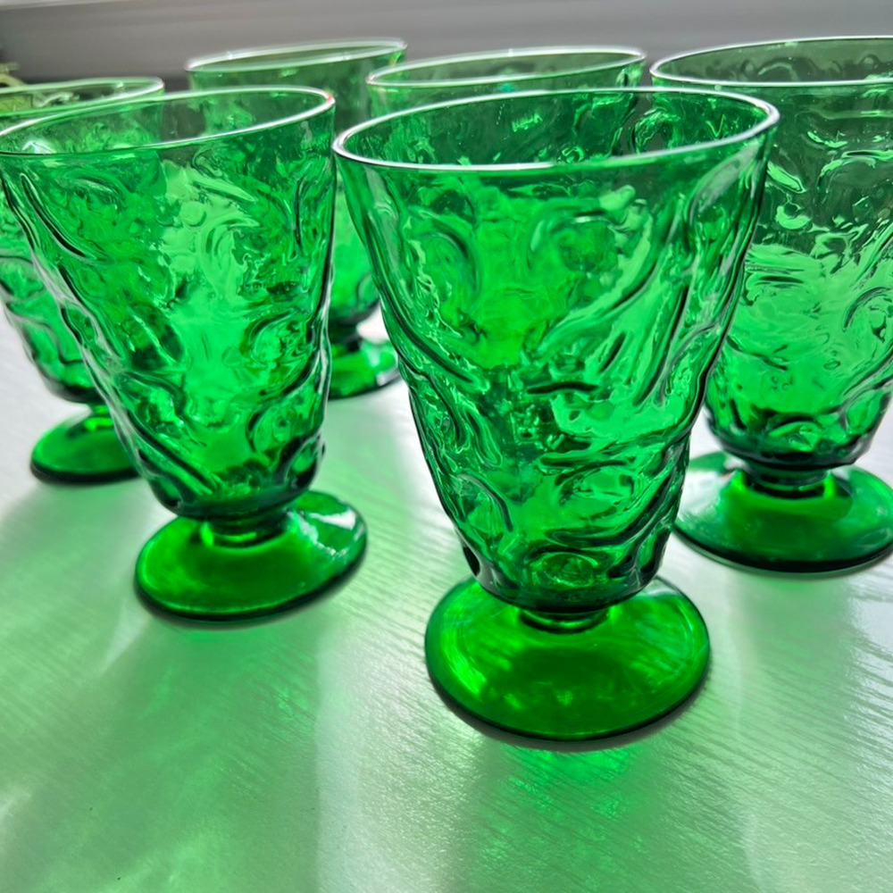 Vintage Green Glass Goblets Set 6 MCM Textured Barware Bryce El Rancho Emerald